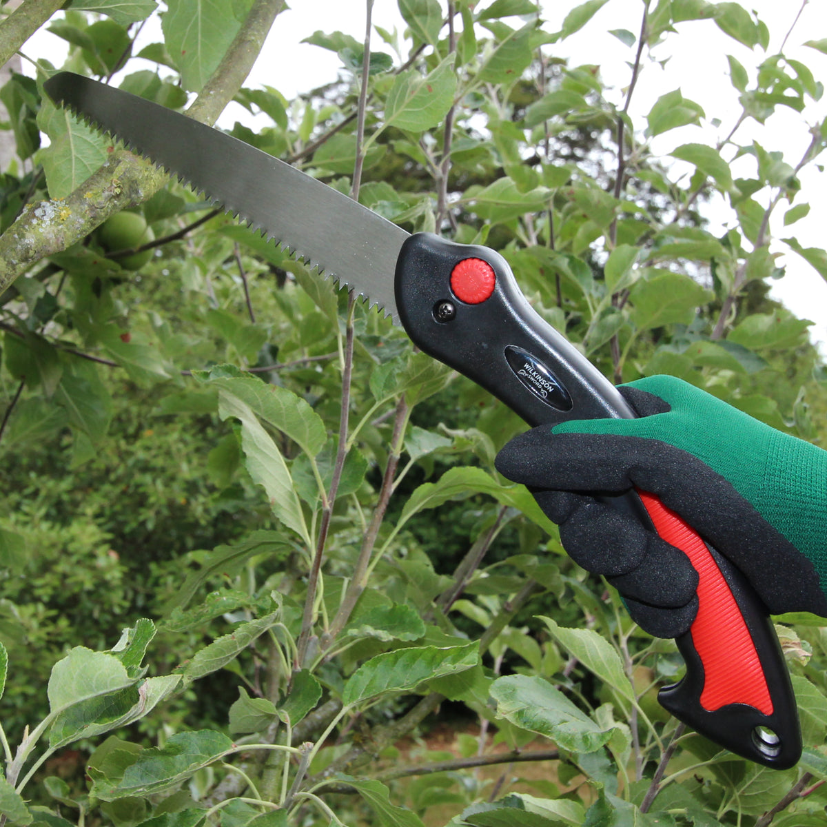 A hand wearing a green and black gardening glove holds a folding hand saw with a long silver blade and red accents, cutting through branches in a leafy garden.