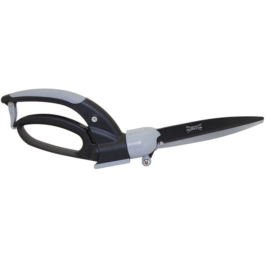Black and gray professional shears with a visible 'Schwinnback Shears' logo on the blade, shown against a plain white background.