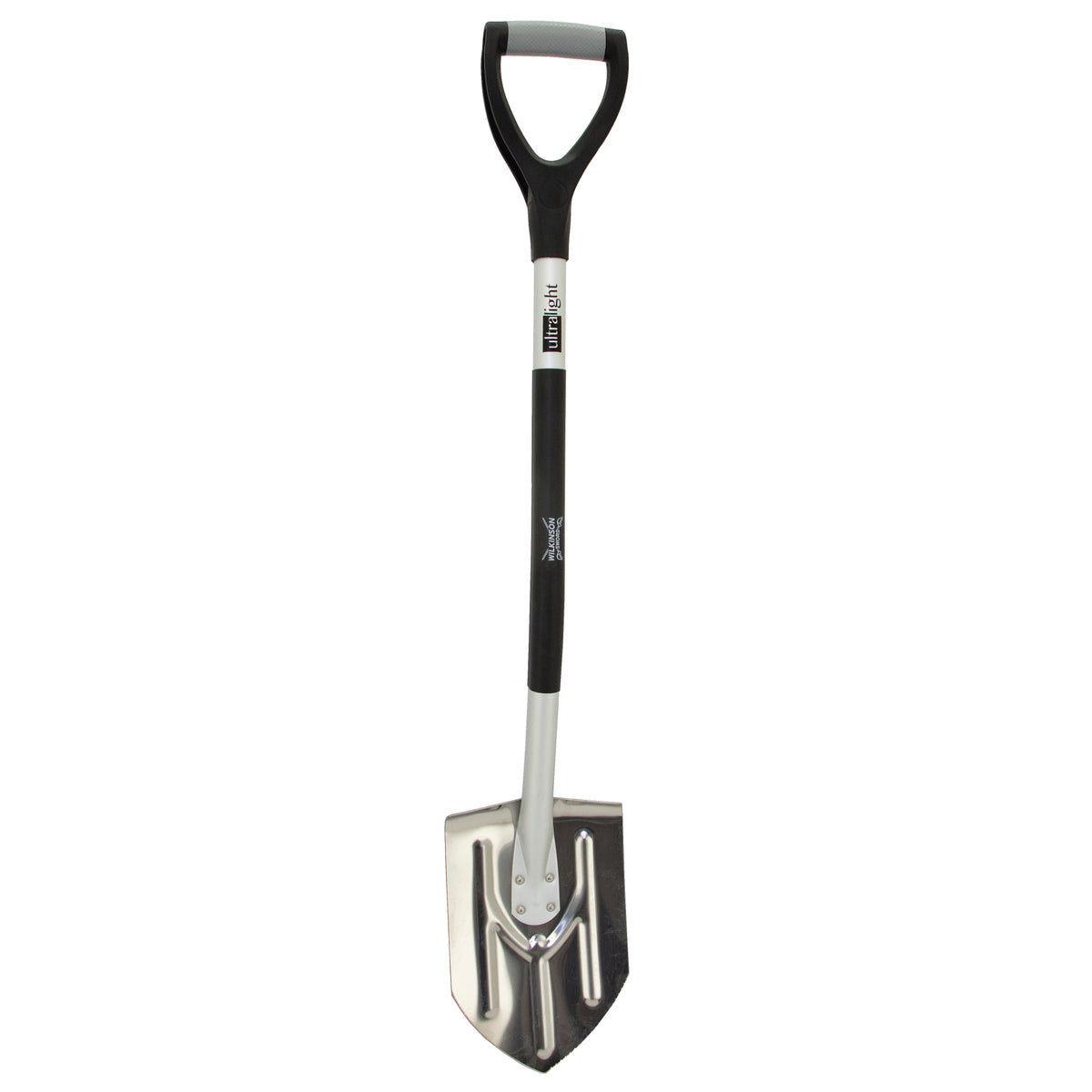 A garden spade with a black and gray D-handle, a black grip, and a silver metal blade, shown vertically on a plain white background.