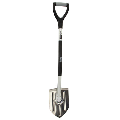 A garden spade with a black and gray D-handle, a black grip, and a silver metal blade, shown vertically on a plain white background.