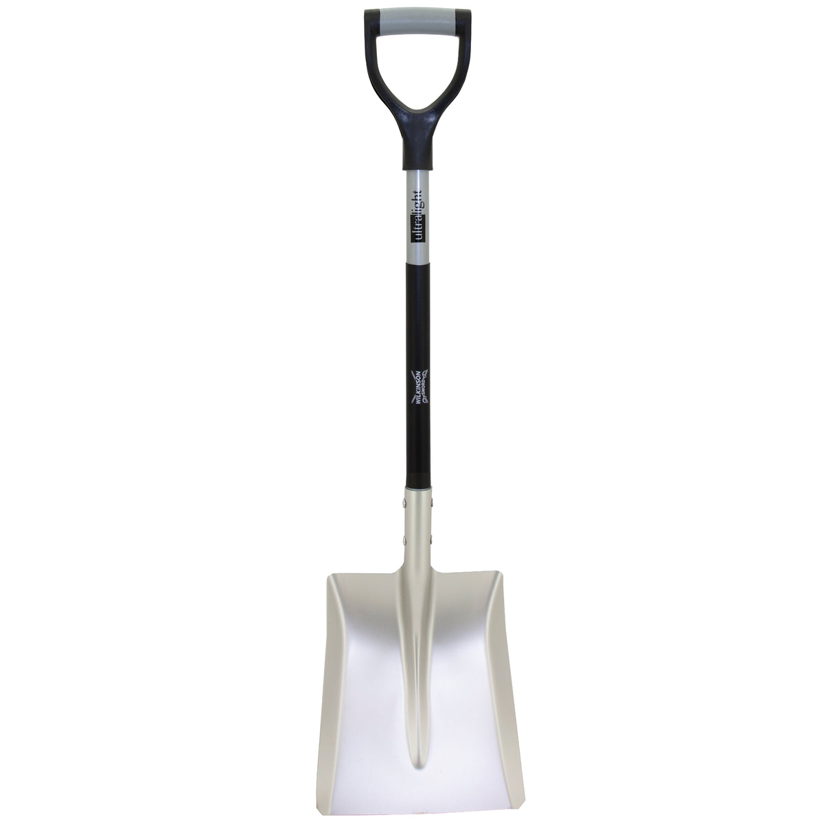 A metal shovel with a silver blade and a black handle featuring a gray D-grip, shown against a plain white background.