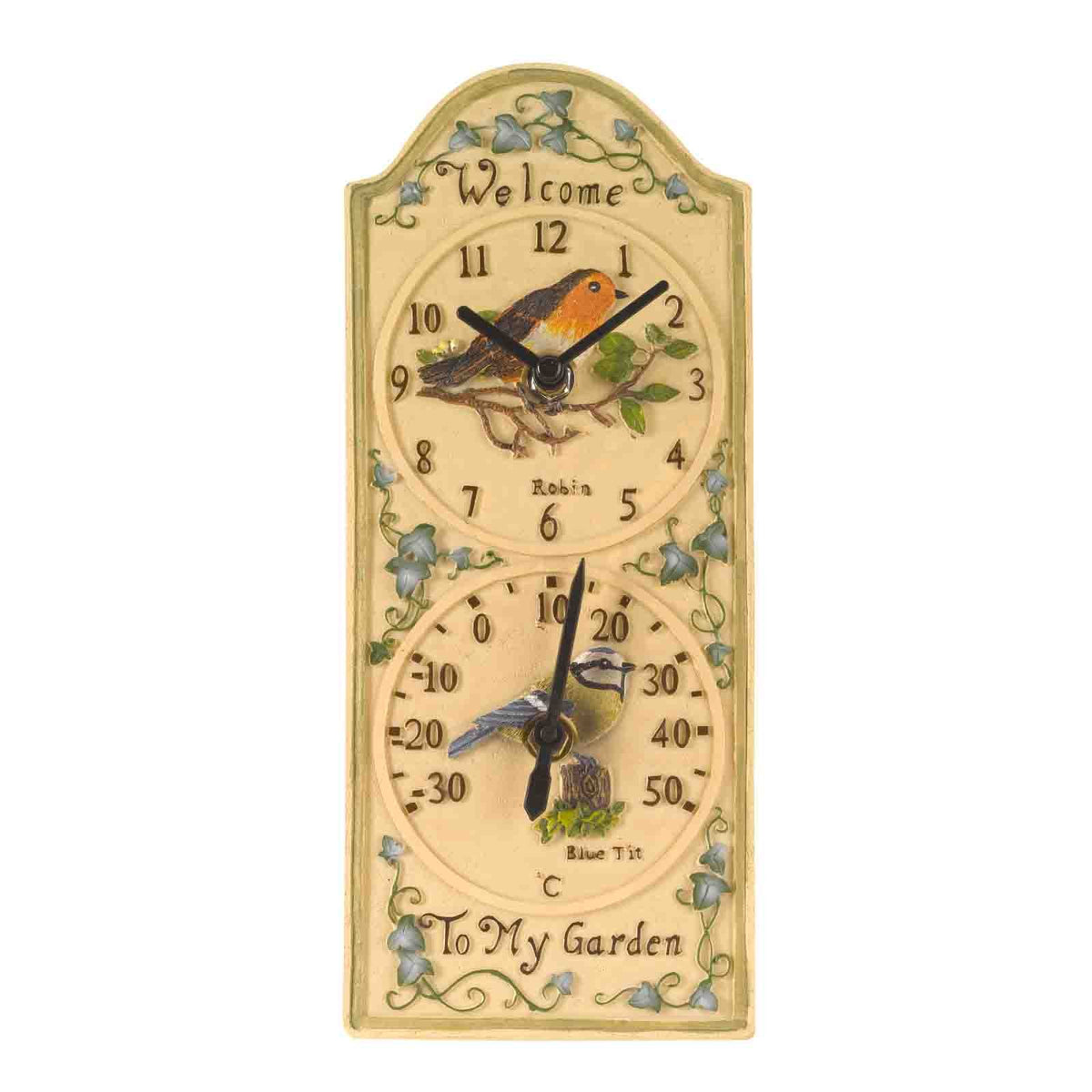 12-inch Birdberry wall clock and thermometer with weather-resistant hand-painted polyresin finish for indoor and outdoor use on white background