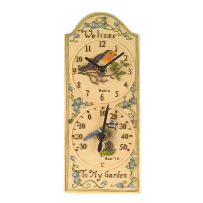 12-inch Birdberry wall clock and thermometer with weather-resistant hand-painted polyresin finish for indoor and outdoor use on white background