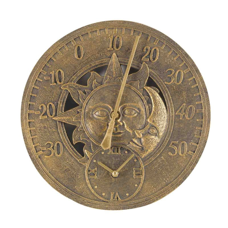 12-inch Sun & Moon wall clock and thermometer with weather-resistant hand-painted polyresin finish for indoor and outdoor use.  Shown on a white background