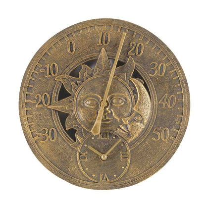 12-inch Sun & Moon wall clock and thermometer with weather-resistant hand-painted polyresin finish for indoor and outdoor use.  Shown on a white background
