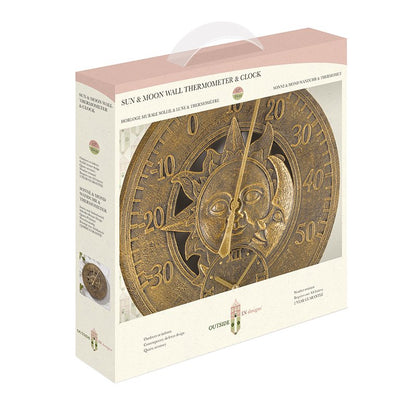 12-inch Sun & Moon wall clock and thermometer with weather-resistant hand-painted polyresin finish for indoor and outdoor use shown in a presentation box.