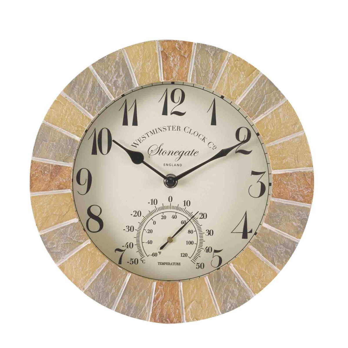 A round wall clock with a textured stone-look outer ring in beige and brown tones, a cream-colored center dial, black Arabic numerals, and a small temperature gauge at the bottom. The brand name 'Windsor Clock Co' and line 'Stonegate' are visible on the face.
