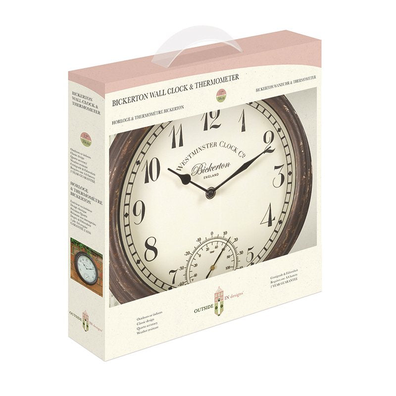 Outdoor wall clock showing °C/°F thermometer

