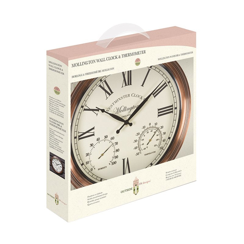 Mollington wall clock and thermometer gift box packaging, featuring a large printed image of the clock face with Roman numerals and dual temperature gauges on a white background.