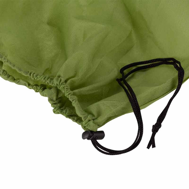 Close-up of an olive green drawstring bag with black cords and black plastic toggle closures, shown against a plain white background.