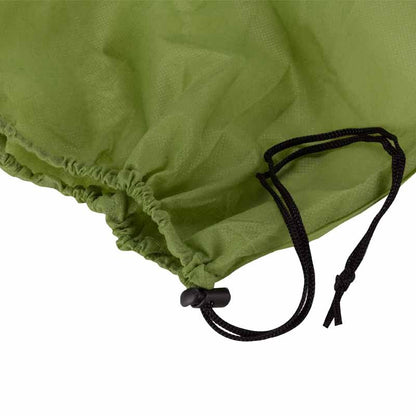 Close-up of an olive green drawstring bag with black cords and black plastic toggle closures, shown against a plain white background.