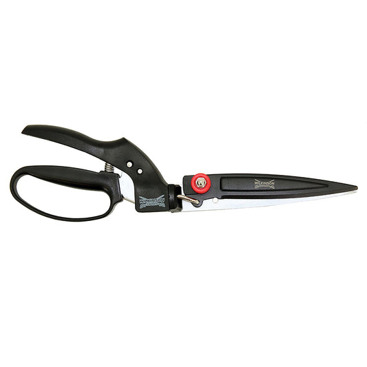 Gardening shears with black handles and a sharp blade on a white background