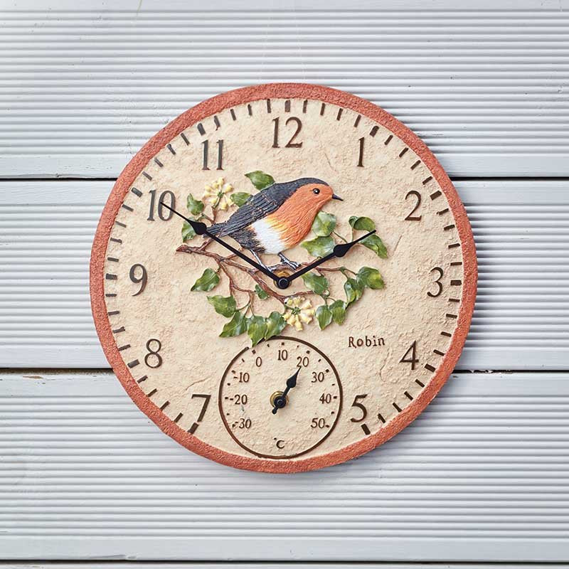 12-inch robin wall clock and thermometer with hand-painted weather-resistant polyresin finish for indoor and outdoor use
