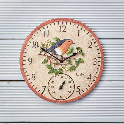 12-inch robin wall clock and thermometer with hand-painted weather-resistant polyresin finish for indoor and outdoor use