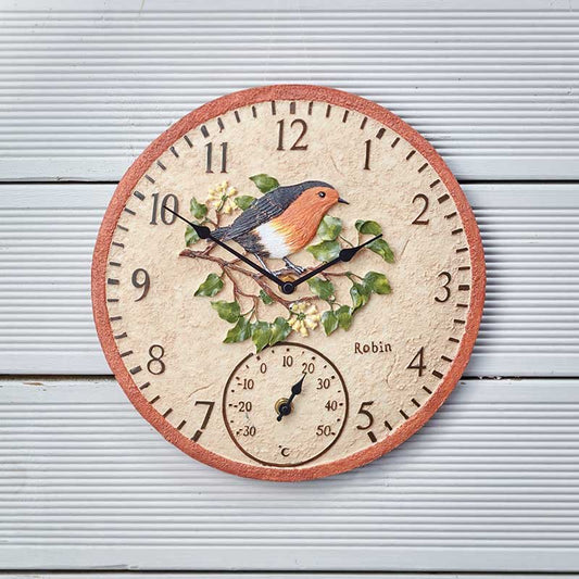 12-inch robin wall clock and thermometer with hand-painted weather-resistant polyresin finish for indoor and outdoor use