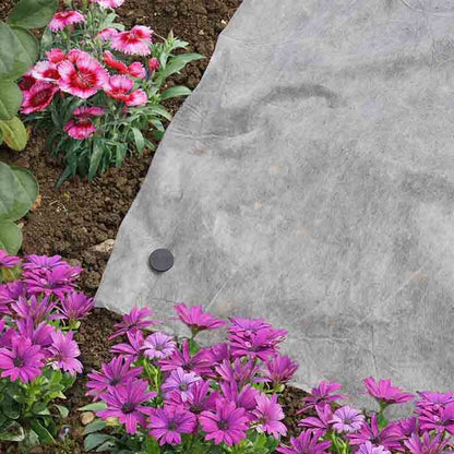 Garden fleece plant protection roll 1.5m x 20m protecting plants from frost, cold winds and garden pests shown on soil surrounded by flowers