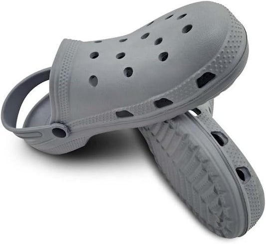 A pair of gray molded clogs with ventilation holes and heel straps, shown on a plain white background.