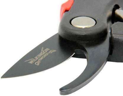 Close-up of a pair of pruning shears with a visible brand logo on a white background