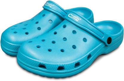 A pair of bright blue Croc-style clogs with ventilation holes and adjustable straps, shown on a plain white background.