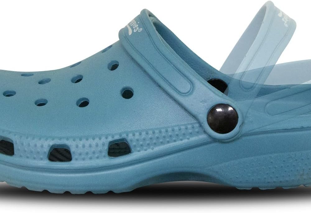 A light blue Croc-style clog shoe shown in a side profile view against a white background.