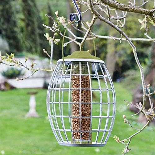 A hanging bird feeder with a silver metal cage and olive green top, filled with brown birdseed, suspended from a tree branch in a grassy backyard.