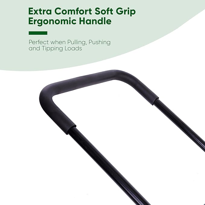 Ergonomic handle with text about comfort and functionality on a white background