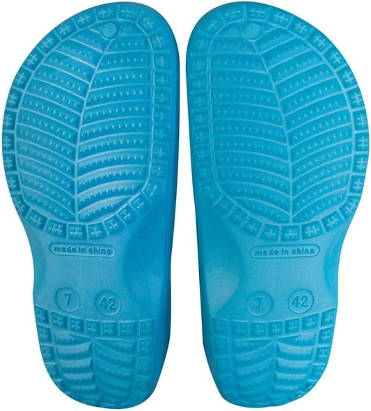 A pair of bright blue silicone shoe insoles shown from the bottom side, featuring textured tread patterns and size markings '7' and '42'.