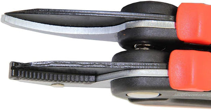 Close-up of a pair of Wilkinson Sword Deluxe Twin Pack with bypass and anvil pruners featuring Japanese steel blades and ergonomic aluminium handles for precision garden pruning with red handles on a white background