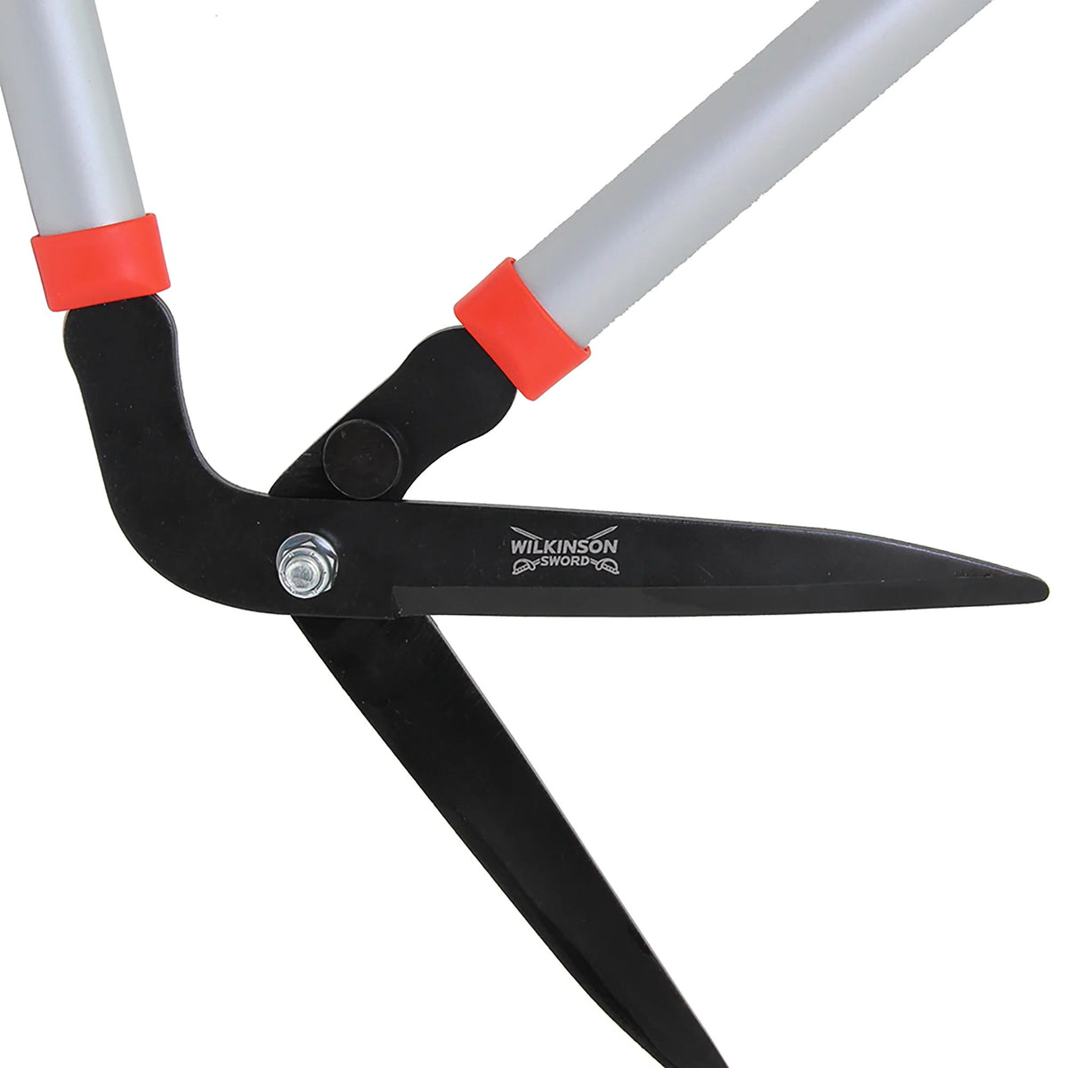 close up of Garden edging shears with ergonomic soft-grip handles for comfortable lawn maintenance.