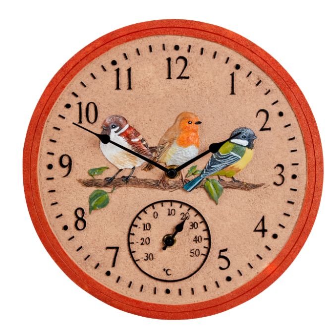 Smart Garden BirdWood 12in Wall Clock mounted on garden wall