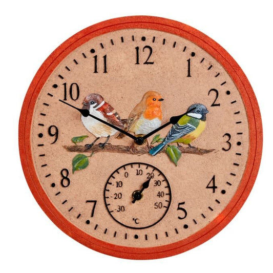 Smart Garden BirdWood 12in Wall Clock mounted on garden wall