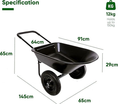 Black wheelbarrow with measurements on a white background