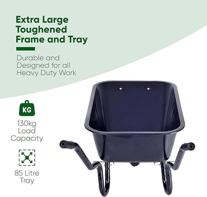 Black wheelbarrow with text about its features on a white and green background