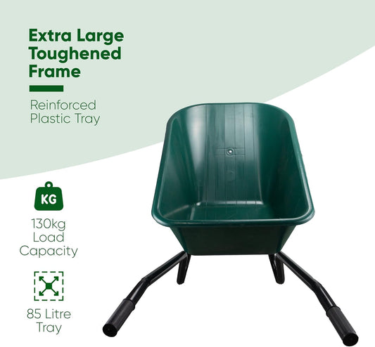 Green wheelbarrow with text highlighting features on a white and green background