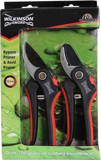 Wilkinson Sword Deluxe Twin Pack with bypass and anvil pruners featuring Japanese steel blades and ergonomic aluminium handles for precision garden pruning in a blister pack packaging