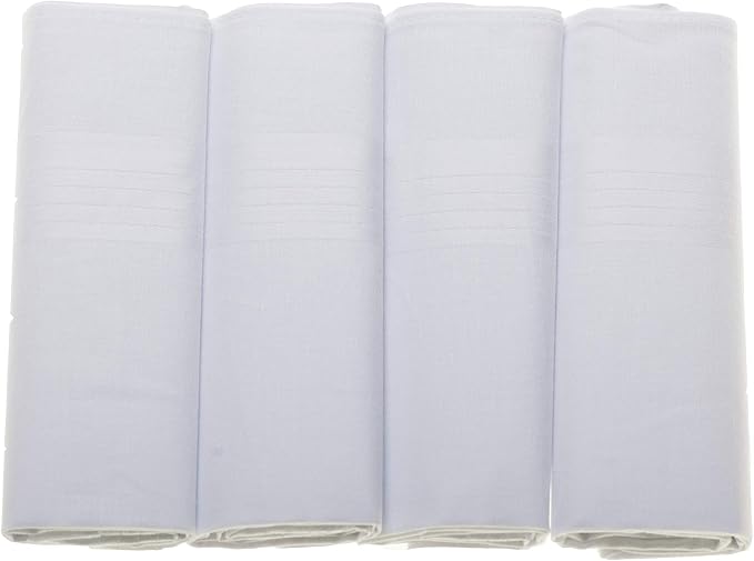 Four folded white hankies, arranged side by side on a white background.