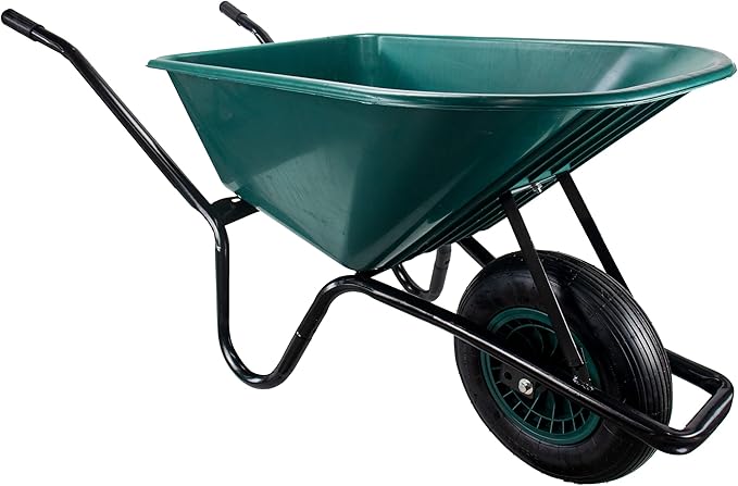 Green wheelbarrow with a single black wheel on a white background