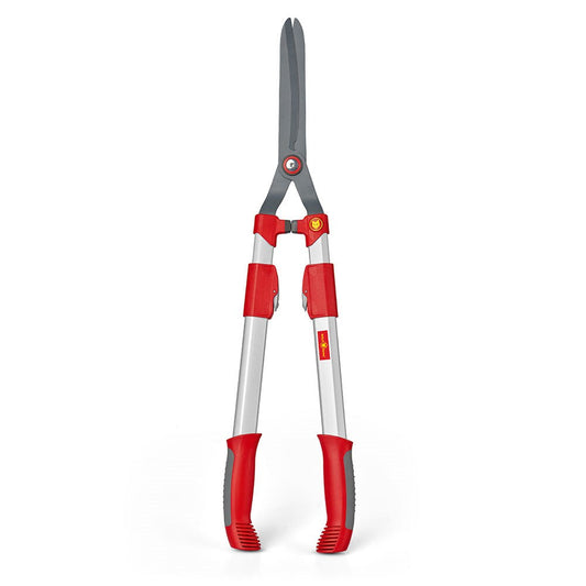 WOLF-Garten HS100T Telescopic Hedge Shears with red and yellow ergonomic handles and curved precision-ground blades, shown on a white background.
