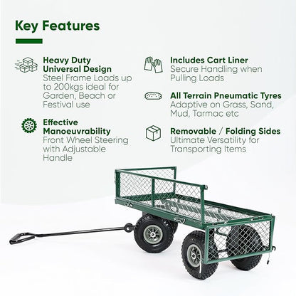 Green garden cart with key features listed on a white background