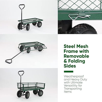 Collage of a green metal wagon with text highlighting features on a white background