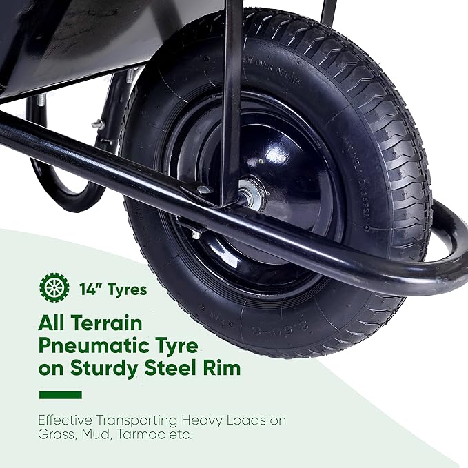 Close-up of a 14-inch all-terrain pneumatic tire on a sturdy steel rim with text highlighting its features.