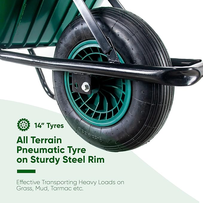Close-up of a wheelbarrow tire with text highlighting features on a white background