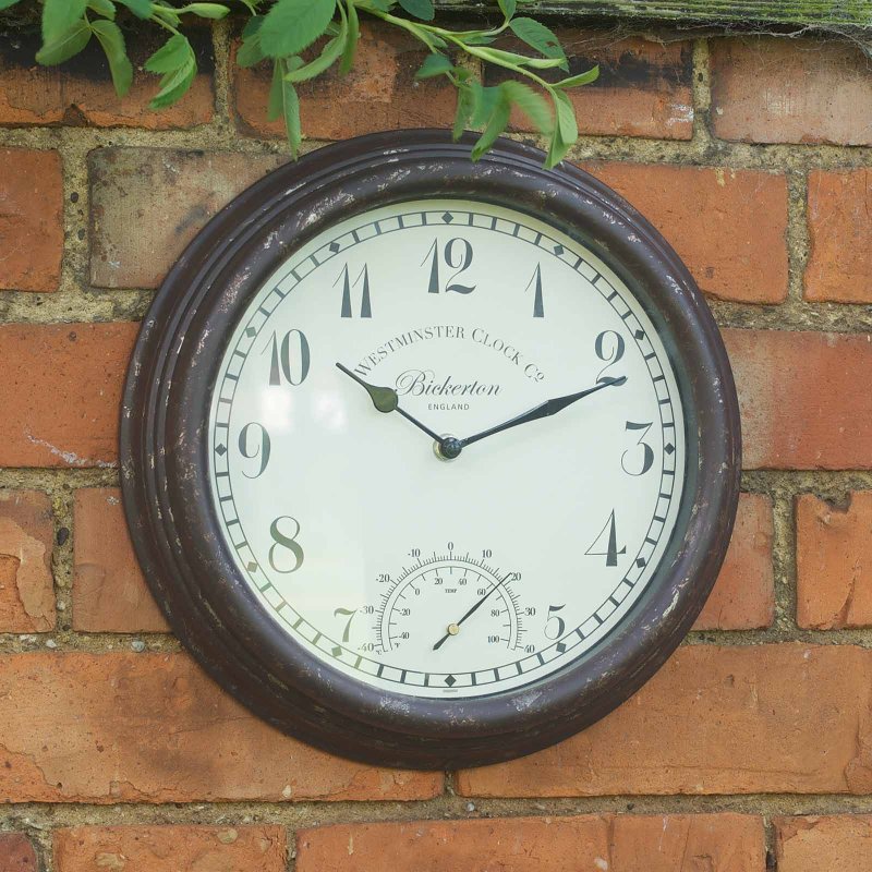 Smart Garden Bickerton 12in Wall Clock & Thermometer mounted on garden wall