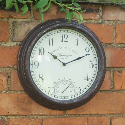 Smart Garden Bickerton 12in Wall Clock & Thermometer mounted on garden wall