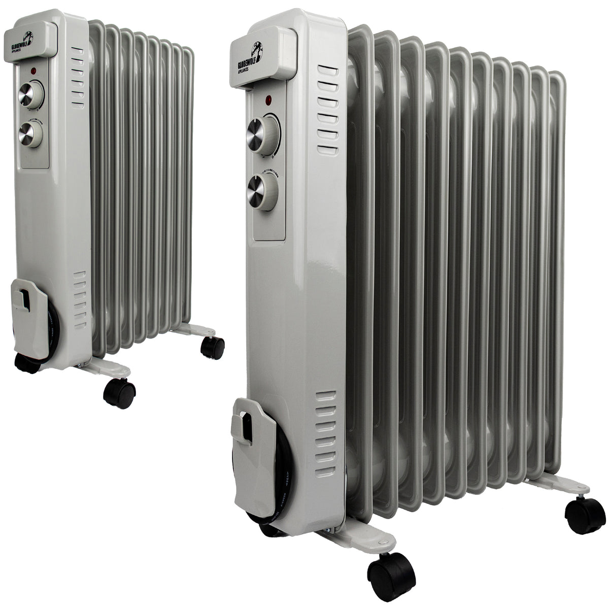 Two silver 16-panel oil radiator heaters on a white background, one shown from a front three-quarter angle and the other from a rear three-quarter angle.