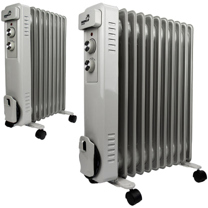 Two silver 16-panel oil radiator heaters on a white background, one shown from a front three-quarter angle and the other from a rear three-quarter angle.