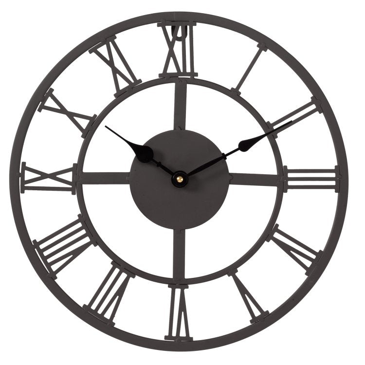A round wall clock with a dark gray metal frame, Roman numerals, and black hands on a plain white background.