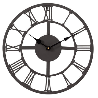 A round wall clock with a dark gray metal frame, Roman numerals, and black hands on a plain white background.