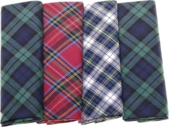 Pack of 4 men's 100% cotton tartan handkerchiefs featuring traditional checked designs