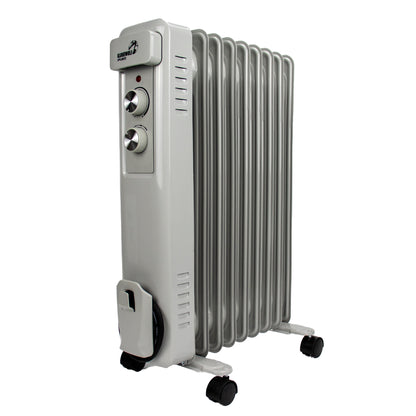 A 10-panel oil radiator heater by Sunha, featuring a light gray front control panel with two silver dials, silver vertical cooling fins, and black caster wheels, shown on a plain white background.